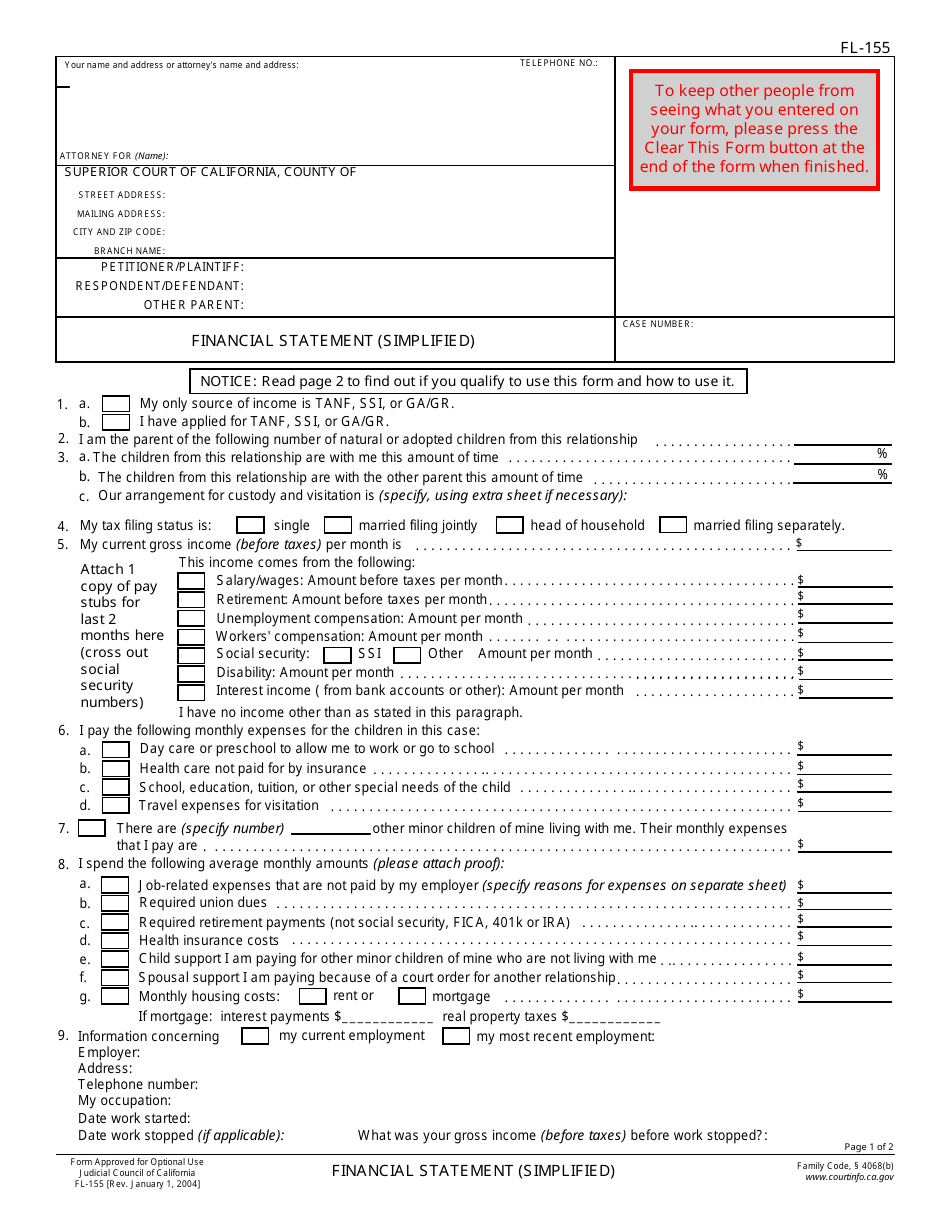 Form FL-155 Financial Statement (Simplified) - California, Page 1