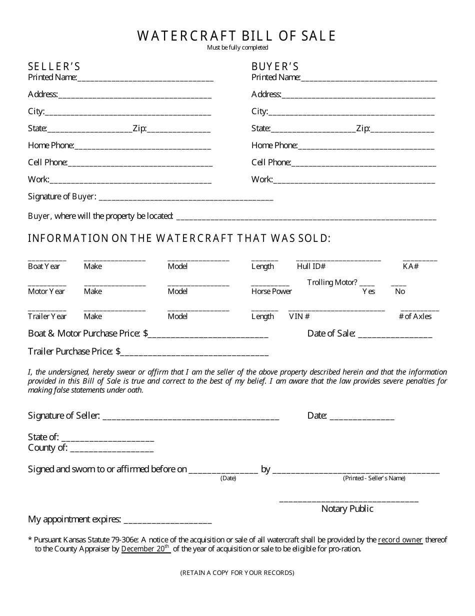 Barton County, Kansas Watercraft Bill of Sale Download Fillable PDF ...