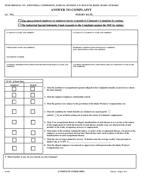Form IC1003 Answer to Complaint - Idaho