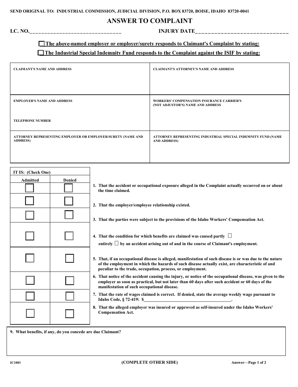 Form IC1003 Answer to Complaint - Idaho, Page 1