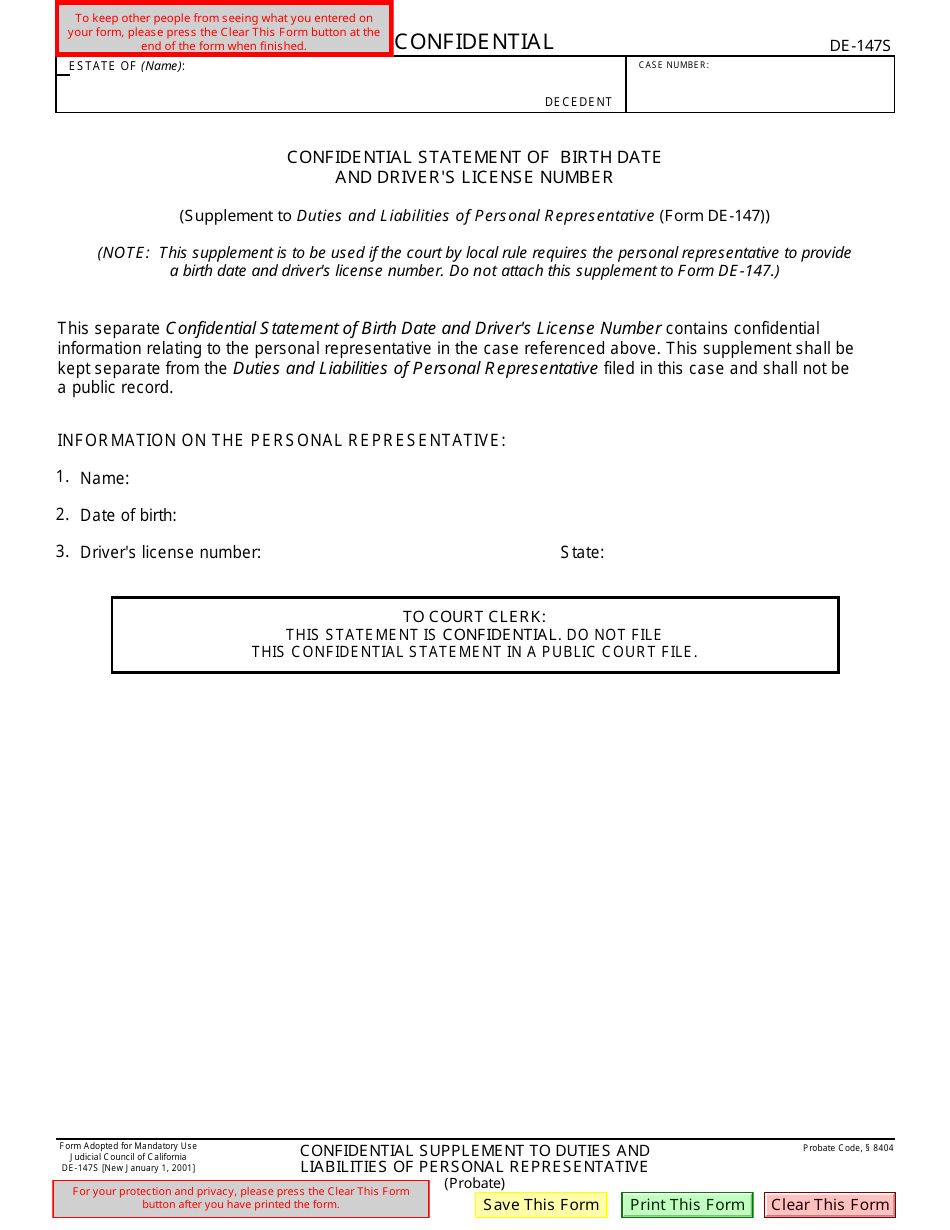 Form DE-147S Confidential Statement of Birth Date and Drivers License Number - California, Page 1