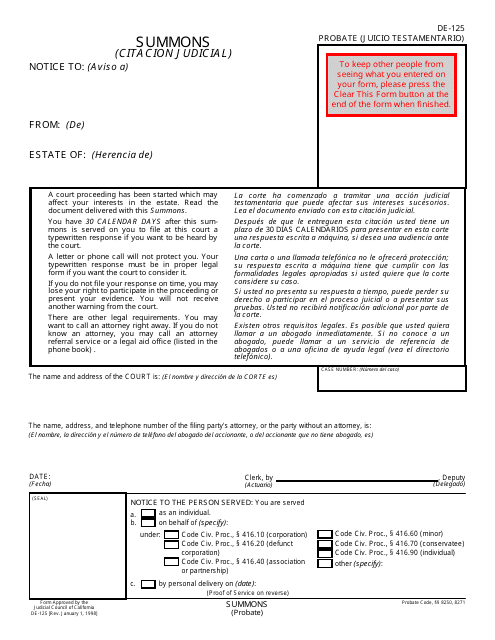 Form DE-125 Summons (Probate) - California (English/Spanish)