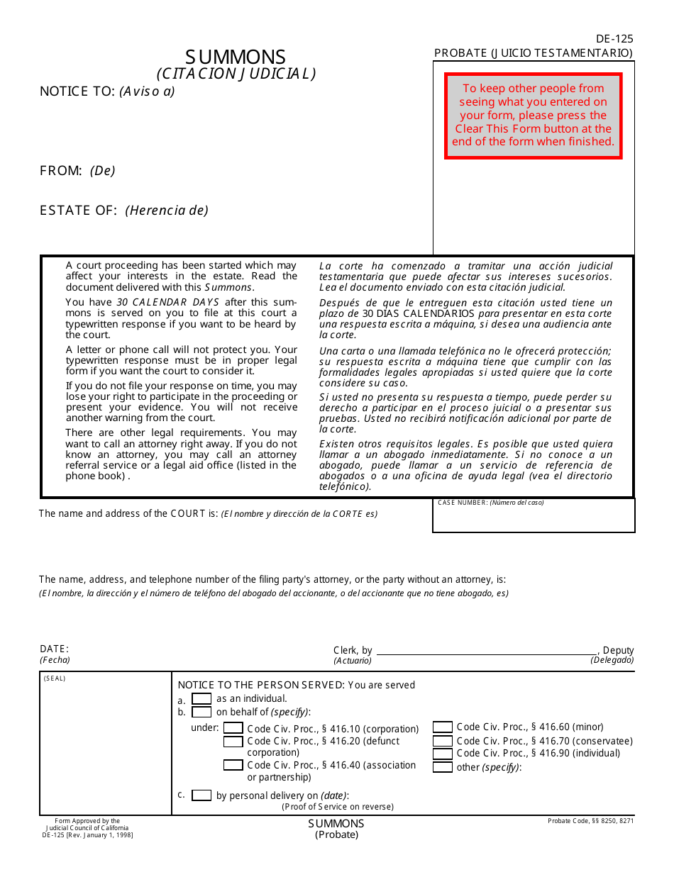 Form DE-125 Summons (Probate) - California (English / Spanish), Page 1