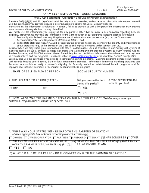 Form SSA-7156  Printable Pdf