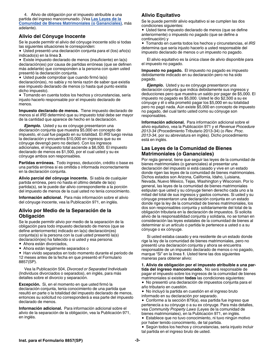 Instrucciones para IRS Formulario 8857(SP) Solicitud Para Alivio Del Conyuge Inocente (Spanish), Page 3