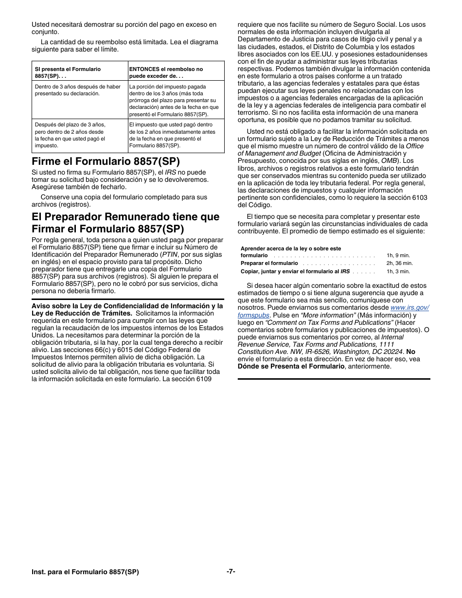 Instrucciones para IRS Formulario 8857(SP) Solicitud Para Alivio Del Conyuge Inocente (Spanish), Page 7