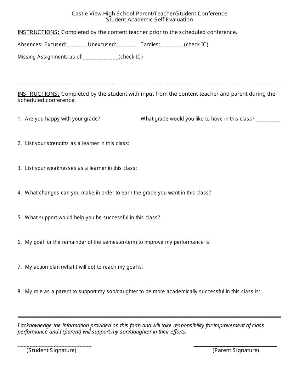 Student Academic Self Evaluation Form - Castle View High School, Page 1