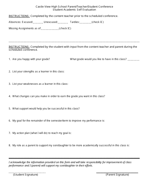Student Academic Self Evaluation Form - Castle View High School Download Pdf