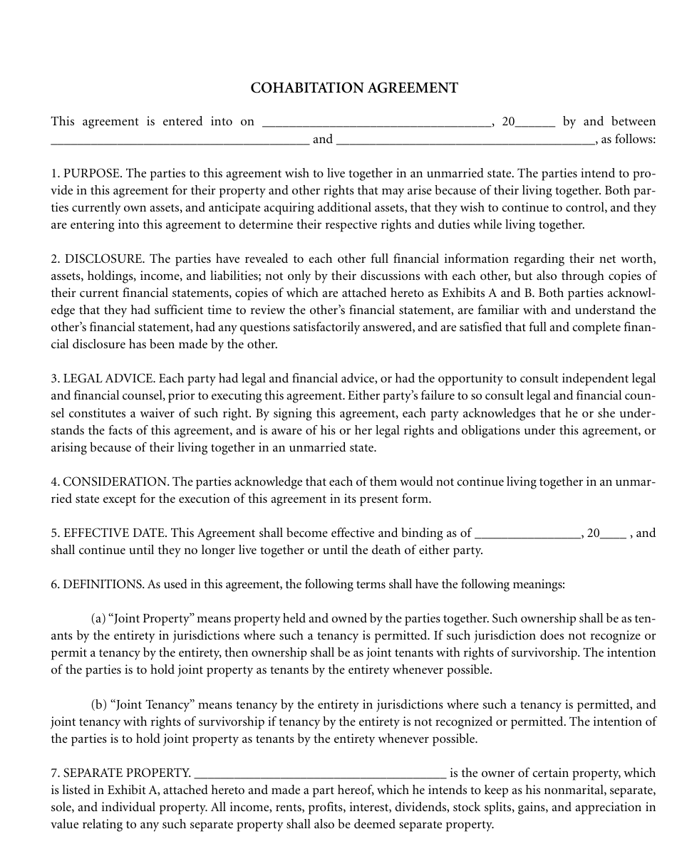Cohabitation Agreement Template - Twenty Six Points, Page 1
