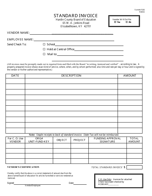 Form AP200 Standard Invoice - Hardin County, Kentucky