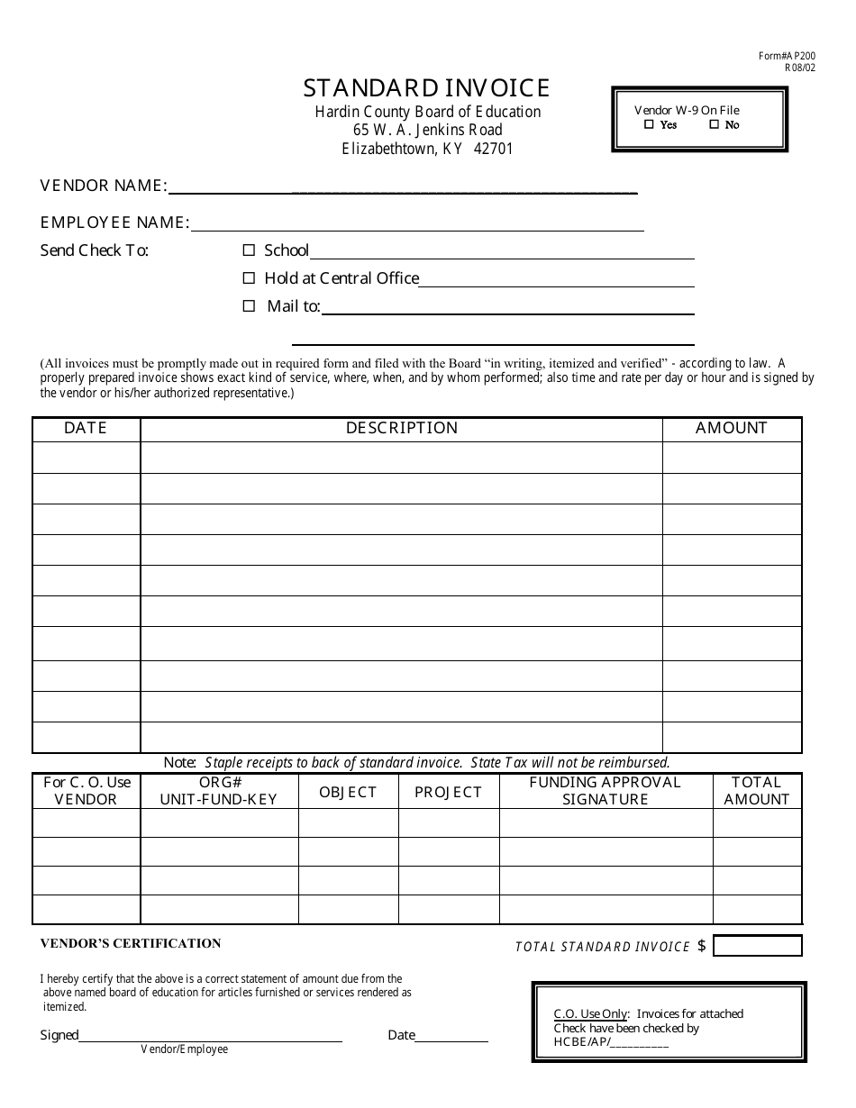 Form AP200 Standard Invoice - Hardin County, Kentucky, Page 1