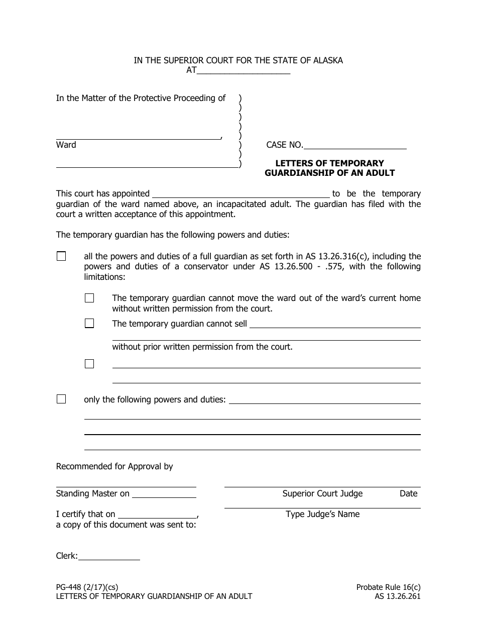 Form PG-448 Letters of Temporary Guardianship of an Adult - Alaska, Page 1