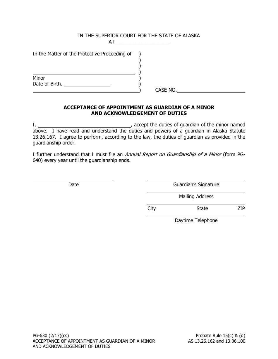 Form PG-630 Acceptance of Appointment as Guardian of a Minor - Alaska, Page 1