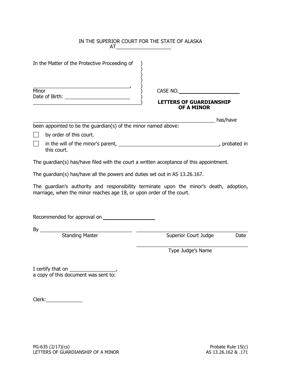 Form PG-635 Letters of Guardianship of a Minor - Alaska, Page 1
