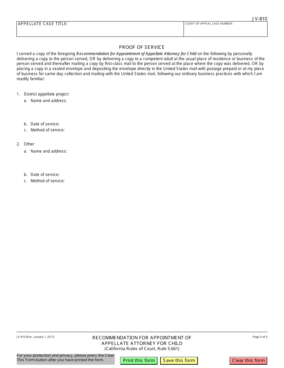 Form JV-810 Recommendation for Appointment of Appellate Attorney for Child - California, Page 3