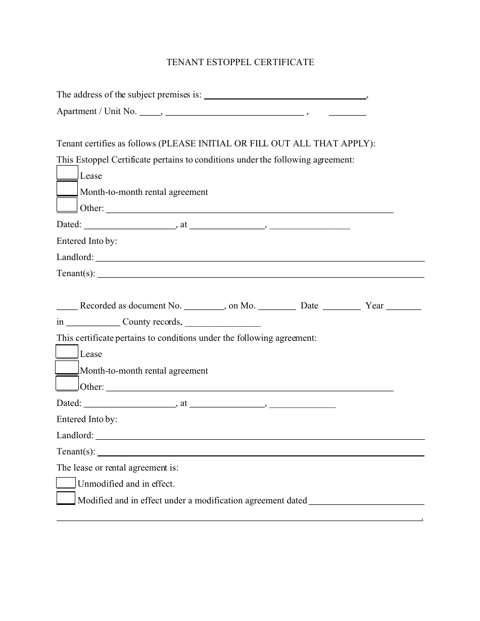 Tenant Estoppel Certificate Template Lines Download Fillable PDF