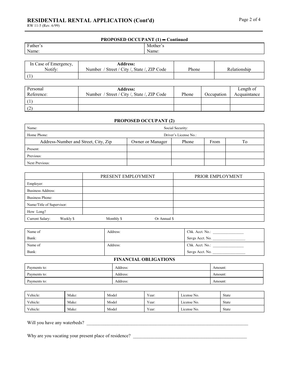 Form RW11-5 Residential Rental Application - California, Page 2