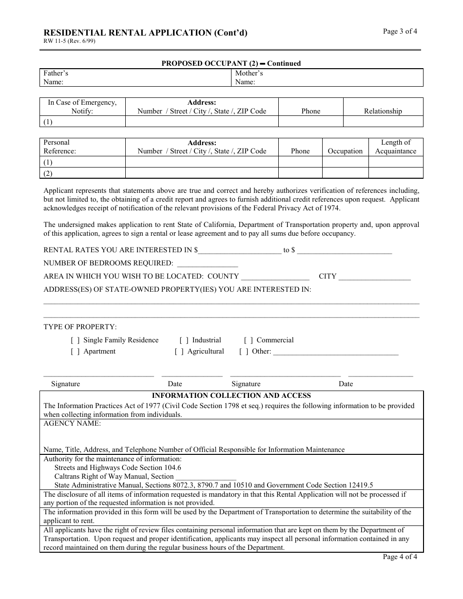 Form RW11-5 Residential Rental Application - California, Page 3