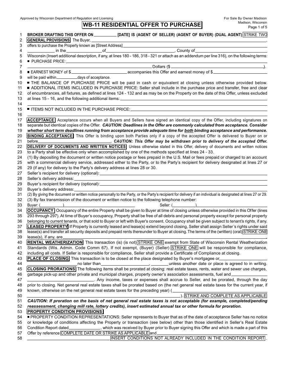 Form WB-11 Residential Offer to Purchase - Chicago Title Insurance Company - Madison, Wisconsin, Page 1