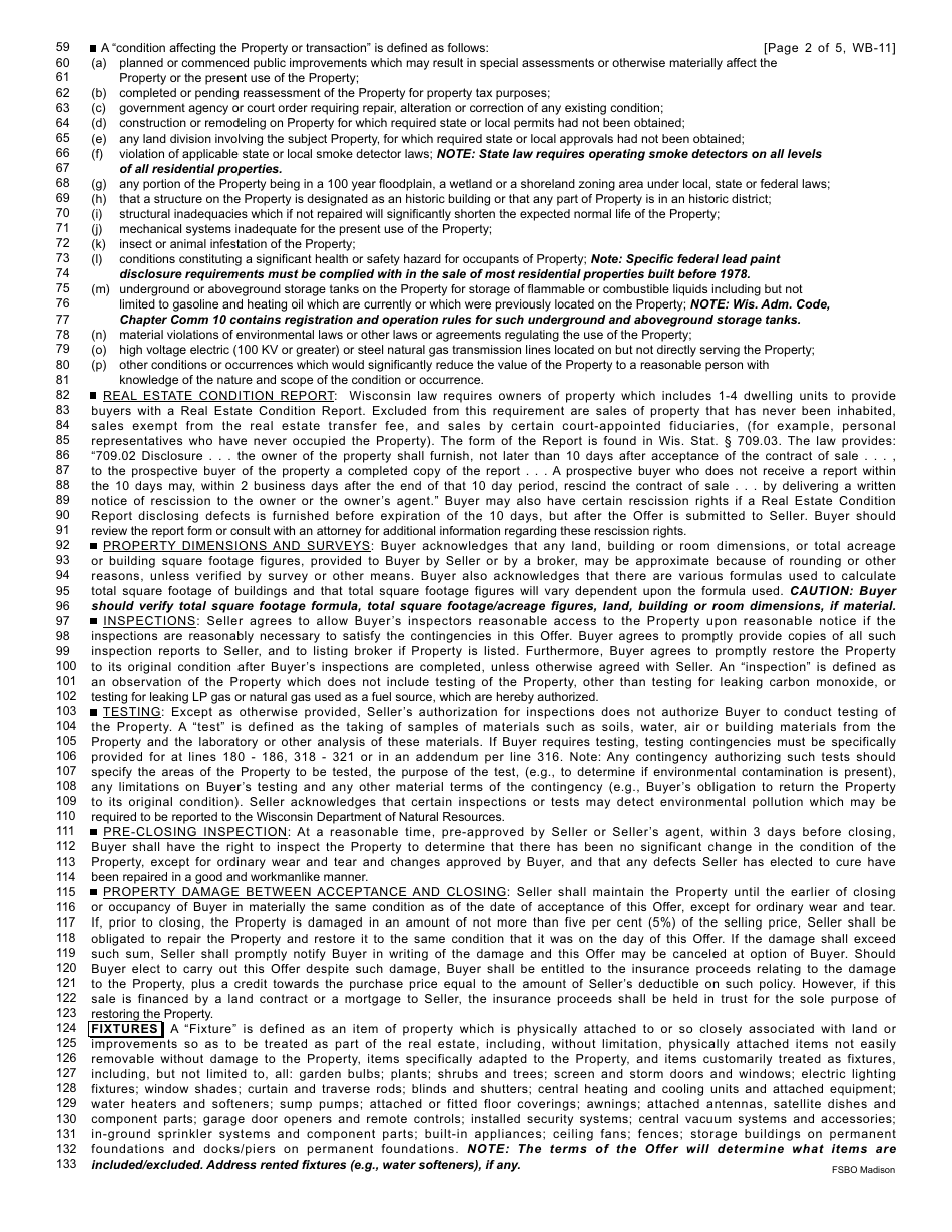 Form WB-11 Residential Offer to Purchase - Chicago Title Insurance Company - Madison, Wisconsin, Page 2