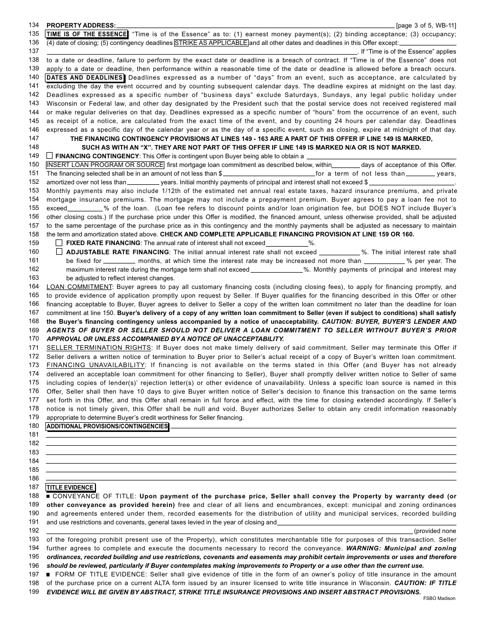 Form WB-11 Residential Offer to Purchase - Chicago Title Insurance Company - Madison, Wisconsin, Page 3