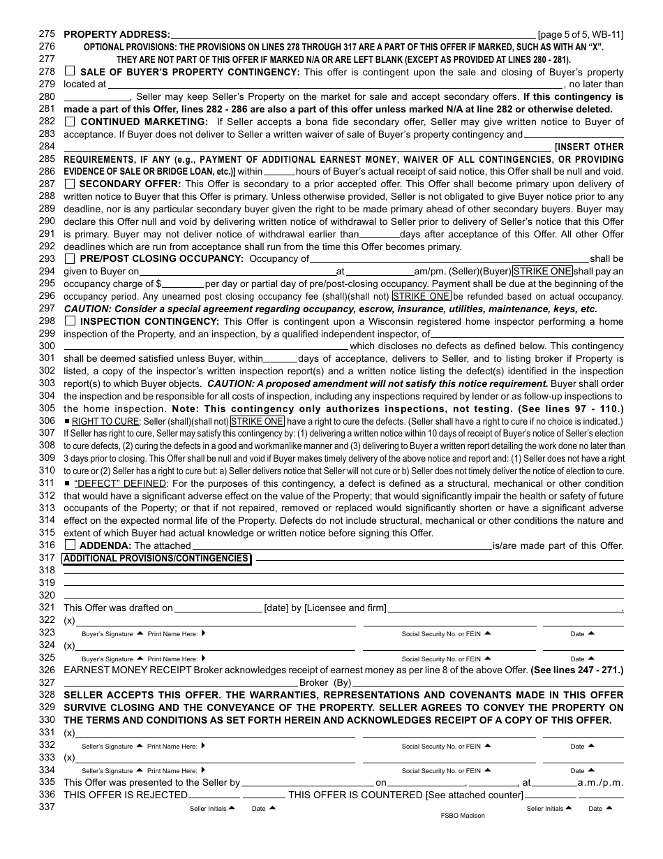 Form WB-11 Residential Offer to Purchase - Chicago Title Insurance Company - Madison, Wisconsin, Page 5