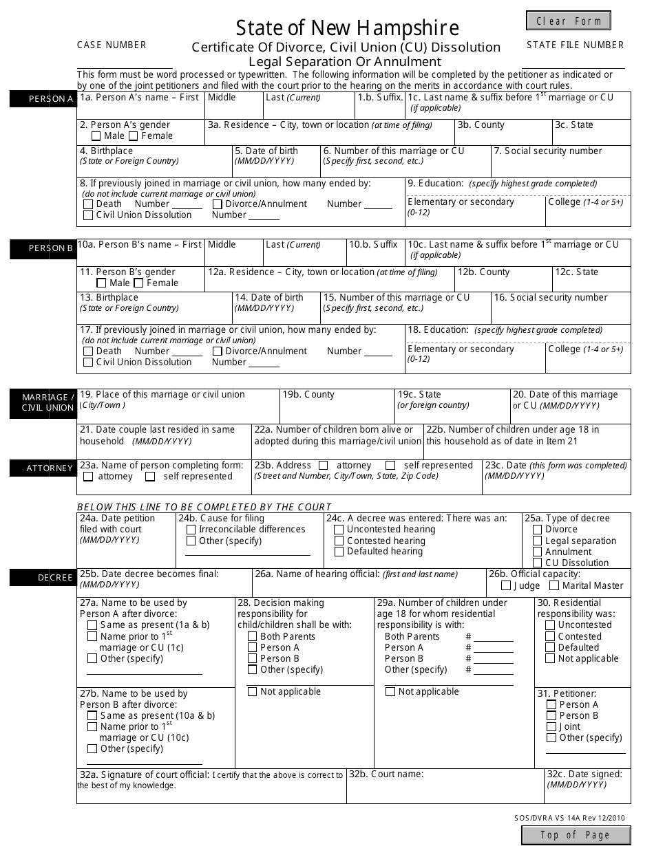 Form SOS / DVRA VS14A Certificate of Divorce, Civil Union (Cu) Dissolution Legal Separation or Annulment Form - New Hampshire, Page 1