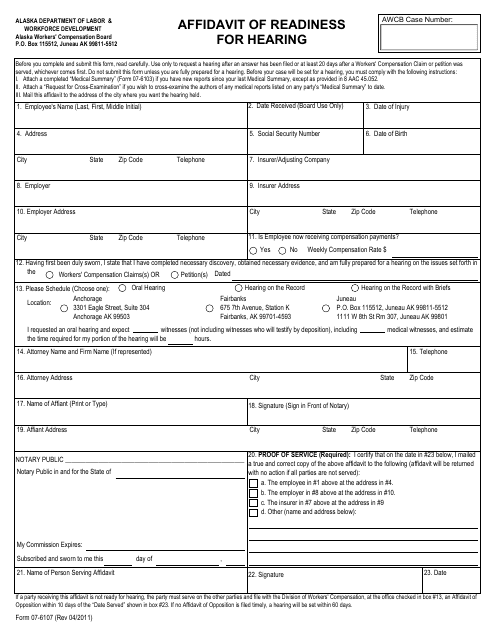 Form 07-6107 Affidavit of Readiness for Hearing - Alaska