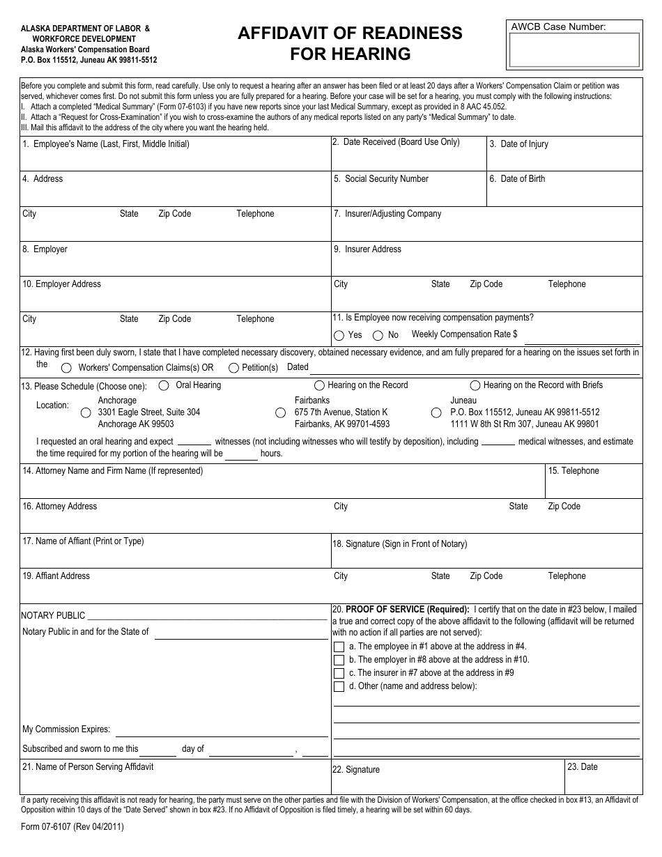 Form 07-6107 Affidavit of Readiness for Hearing - Alaska, Page 1