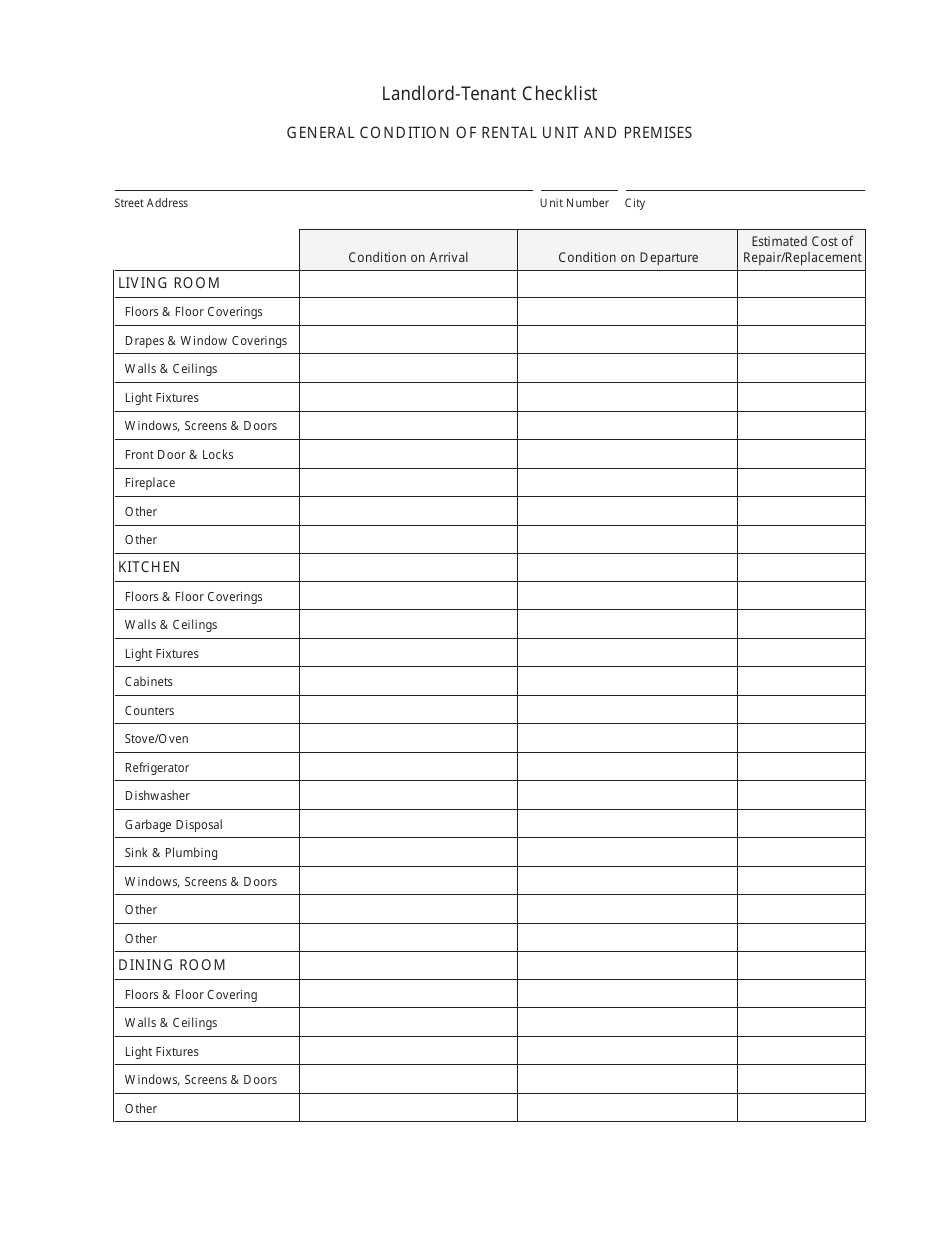 LandlordTenant Checklist Template Download Fillable PDF Templateroller