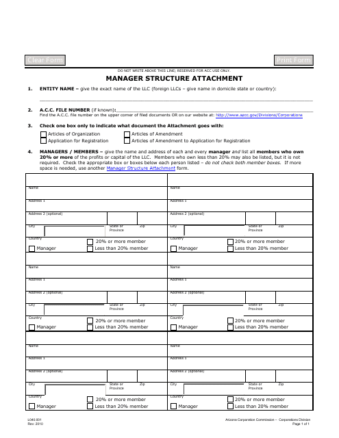 Form L040.001 Manager Structure Attachment - Arizona