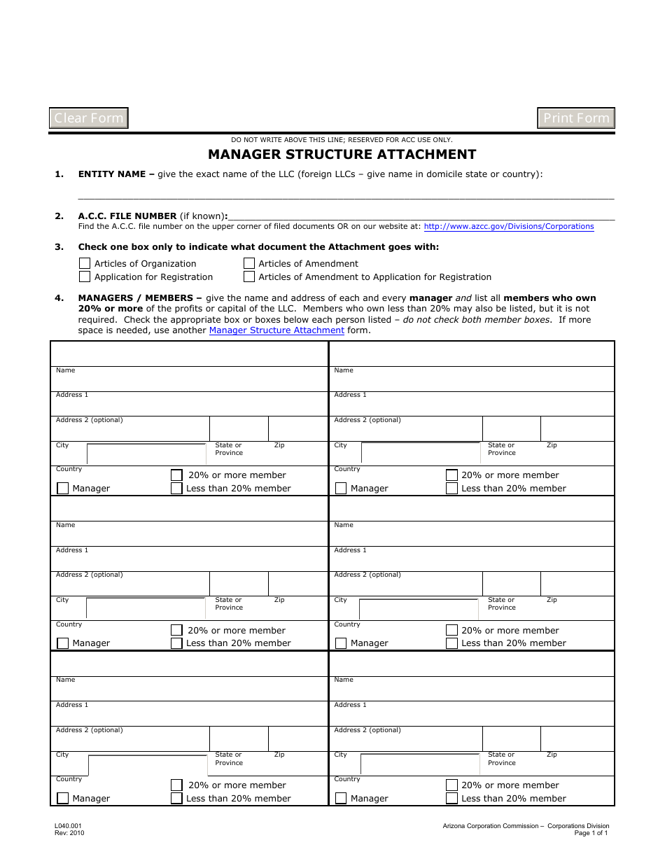 Form L040.001 Manager Structure Attachment - Arizona, Page 1
