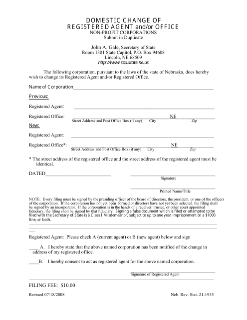 Domestic Change of Registered Agent and / or Office Form - Nebraska Download Pdf