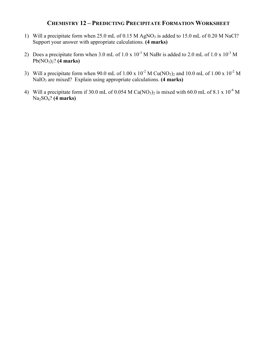 Chemistry 12 - Predicting Precipitate Formation Worksheet document preview image