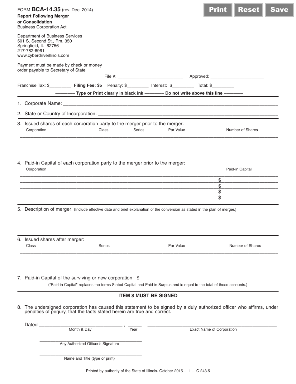 Form BCA-14.35 Report Following Merger or Consolidation - Illinois, Page 1