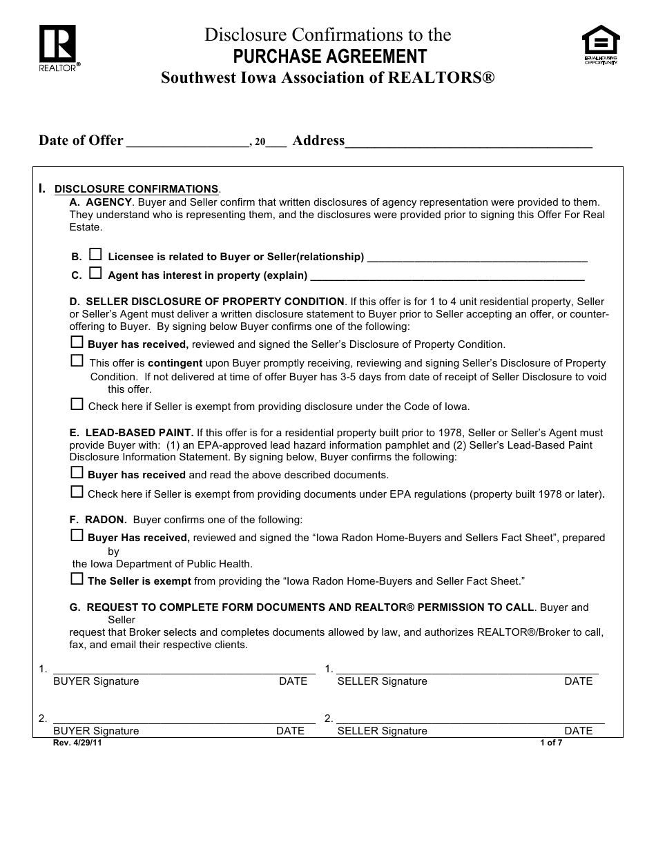 Purchase Agreement Form - Southwest Iowa Association of Realtors - Iowa, Page 1