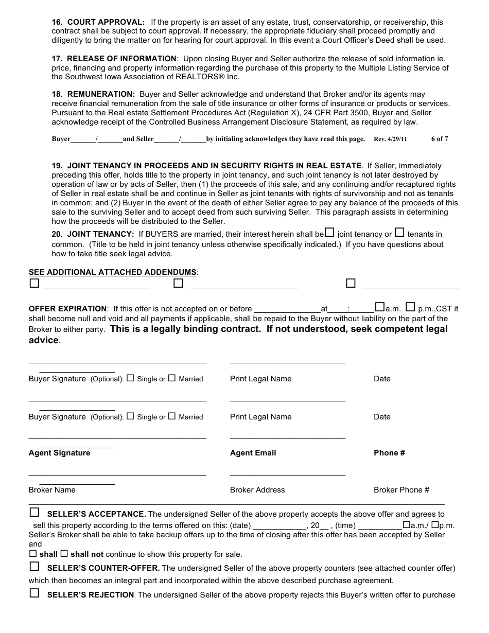 Purchase Agreement Form - Southwest Iowa Association of Realtors - Iowa, Page 7
