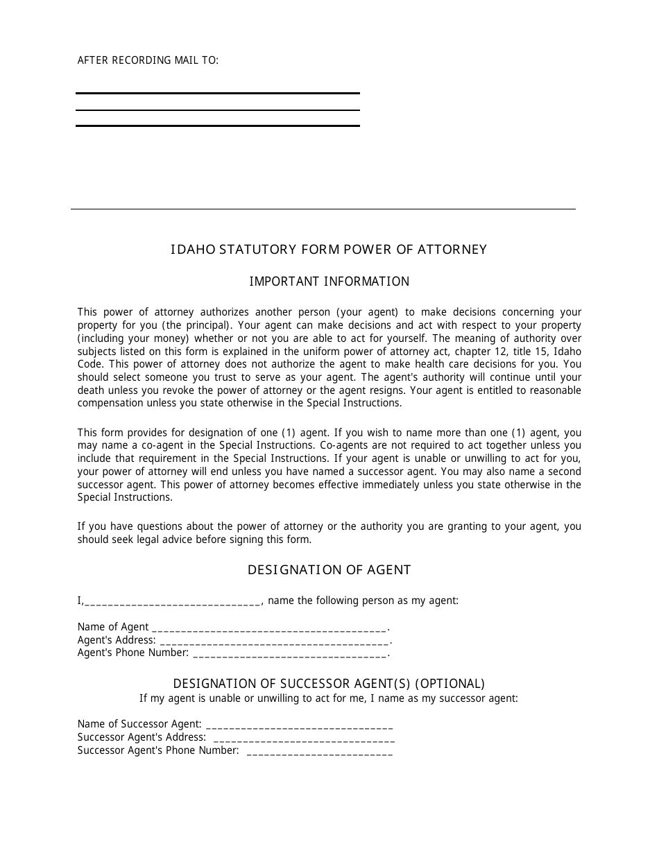 Statutory Form Power of Attorney - Idaho, Page 1