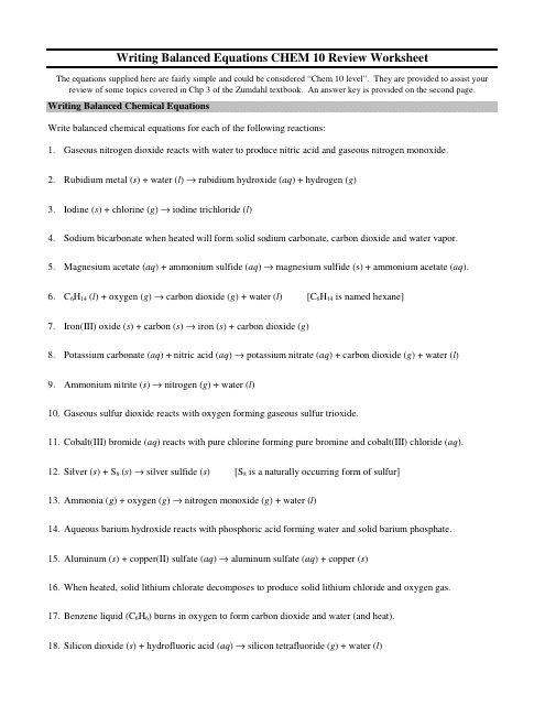 &quot;Writing Balanced Equations Chem 10 Review Worksheet With Answers&quot; Download Pdf