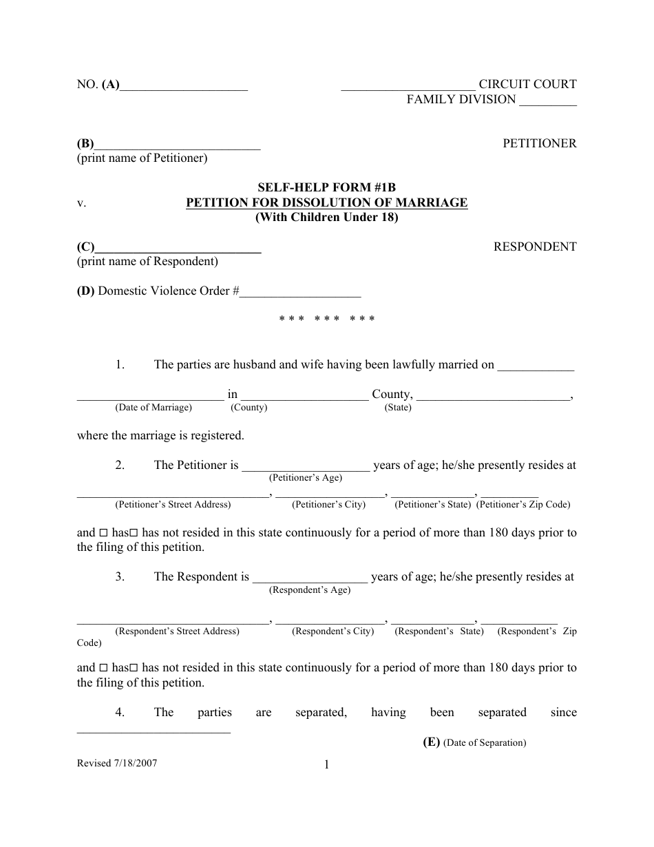 Form 1B Petition for Dissolution of Marriage Form (With Children Under 18) - Kentucky, Page 1