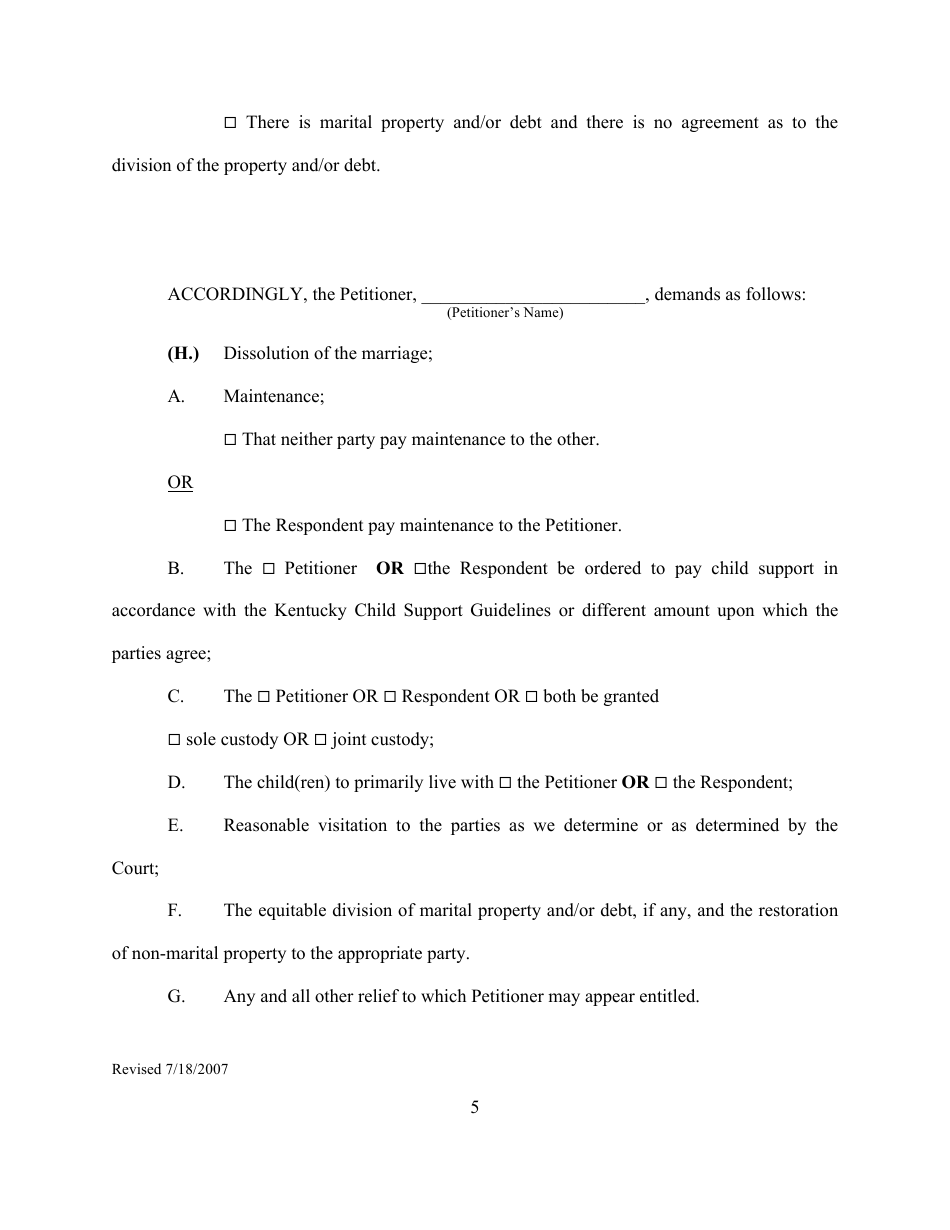 Form 1B Petition for Dissolution of Marriage Form (With Children Under 18) - Kentucky, Page 5