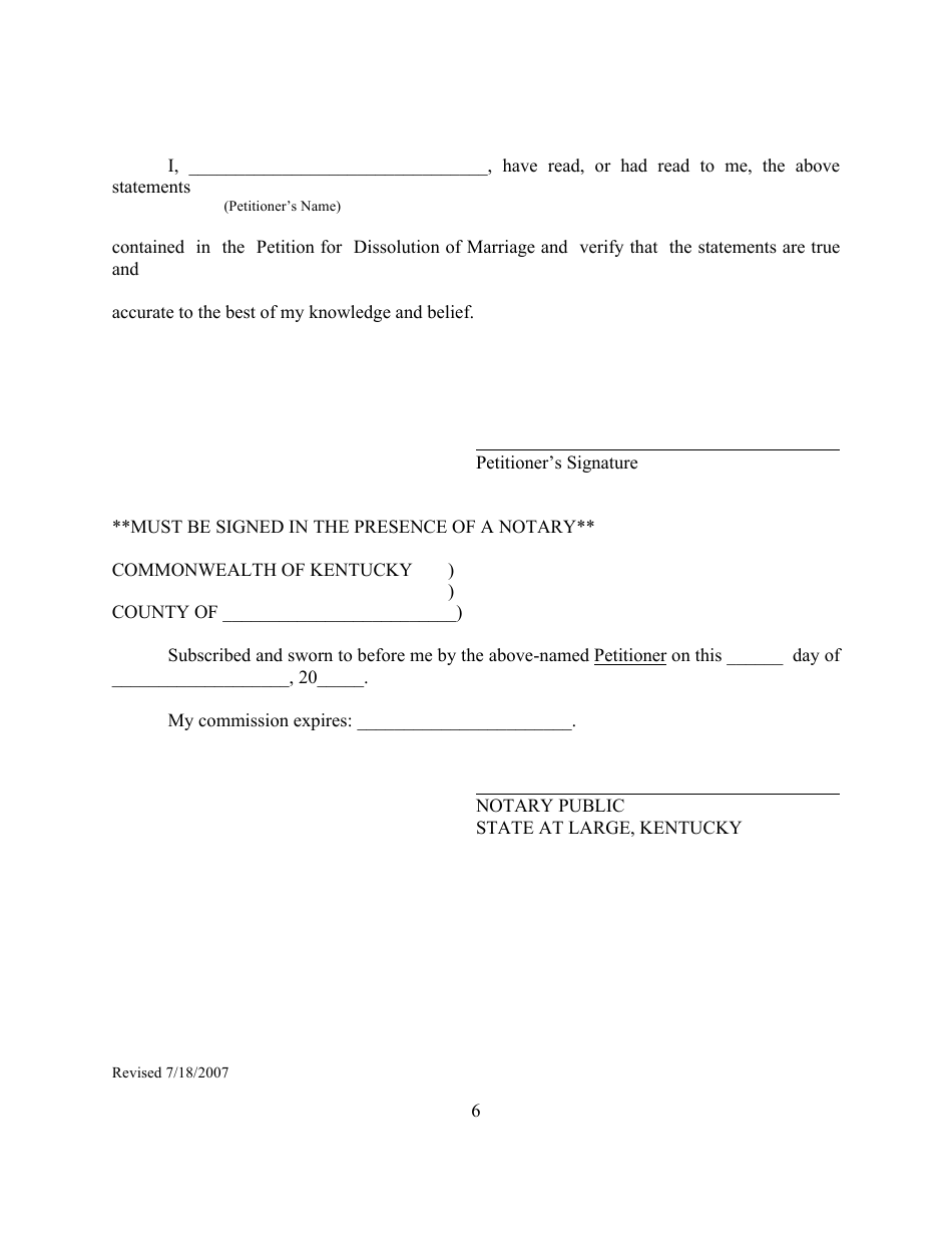 Form 1B Petition for Dissolution of Marriage Form (With Children Under 18) - Kentucky, Page 6