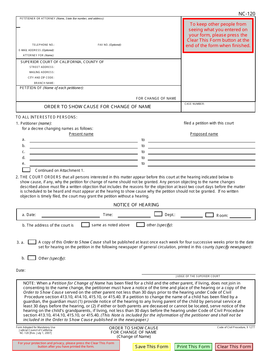 Form NC120 Download Fillable PDF or Fill Online Order to