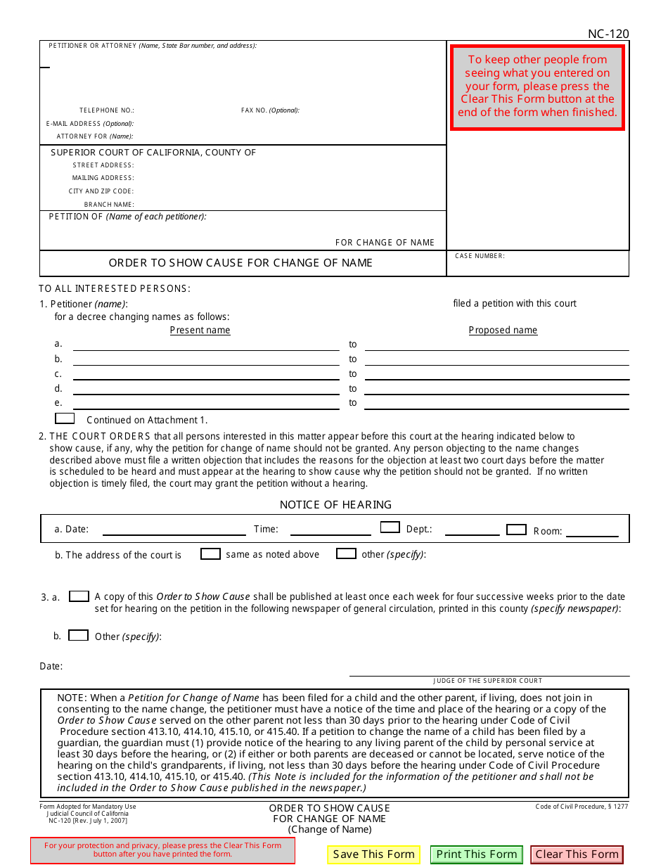 Form NC-120 Order to Show Cause for Change of Name - California, Page 1