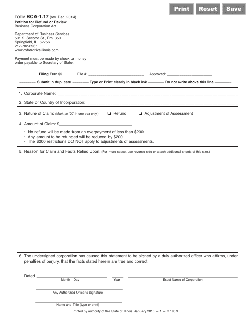 Form BCA-1.17  Printable Pdf