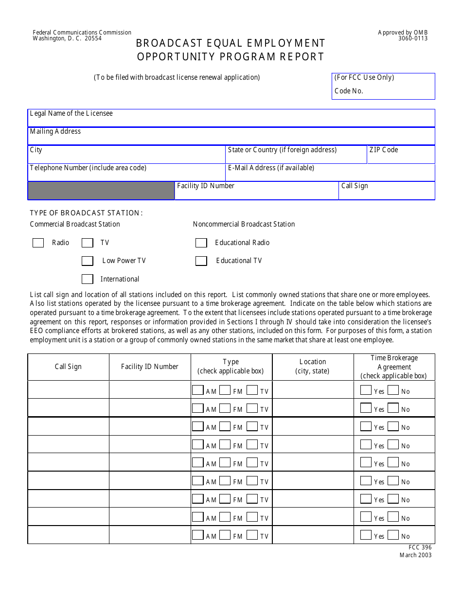 FCC Form 396 Broadcast Equal Employment Opportunity Program Report, Page 1