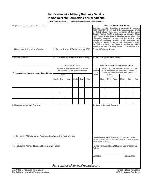 Form SF813 Verification of a Military Retiree&#039;s Service in Nonwartime Campaigns or Expeditions