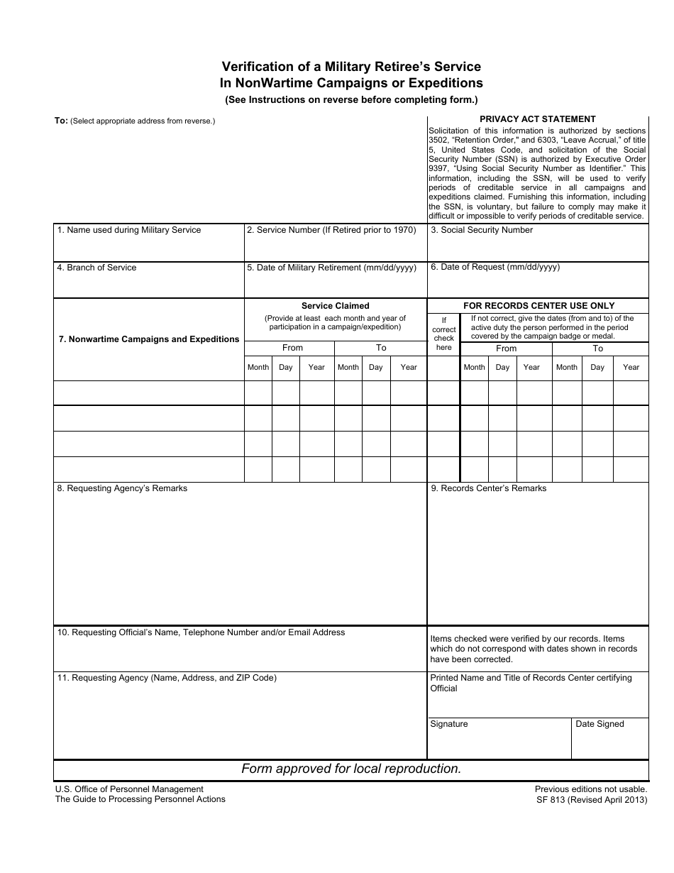 Form SF813 Verification of a Military Retirees Service in Nonwartime Campaigns or Expeditions, Page 1