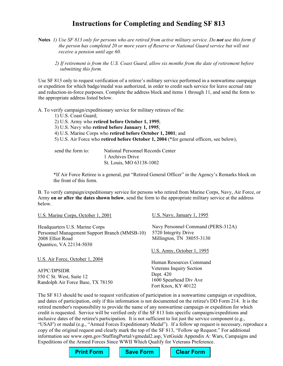 Form SF813 Verification of a Military Retirees Service in Nonwartime Campaigns or Expeditions, Page 2
