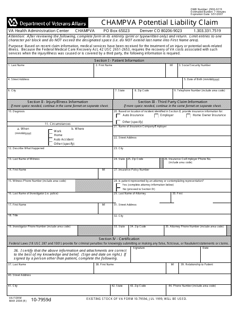 VA Form 10-7959d CHAMPVA Potential Liability Claim